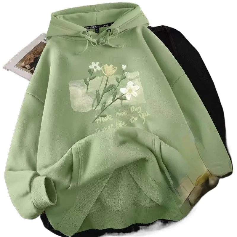 DAYIFUN Women's Korean Hoodie with Pocket Autumn Light Green Flower Printing Sweatshirts Solid Color Loose Casual Oversized Tops – Image 6