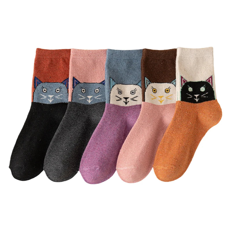 5 Pairs Women Wool Socks Animal Cat Owl Pattern Winter Crew Socks Soft Thick Warm Casual Wool Socks Mid Calf – Image 5