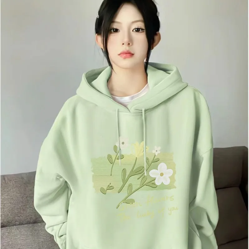 DAYIFUN Women's Korean Hoodie with Pocket Autumn Light Green Flower Printing Sweatshirts Solid Color Loose Casual Oversized Tops – Image 2