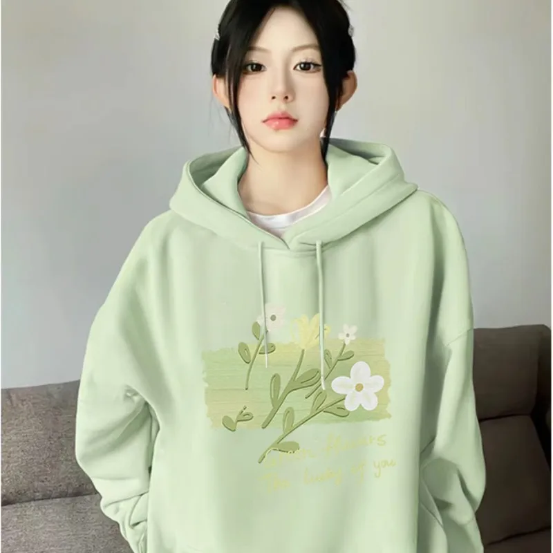 DAYIFUN Women's Korean Hoodie with Pocket Autumn Light Green Flower Printing Sweatshirts Solid Color Loose Casual Oversized Tops – Image 8