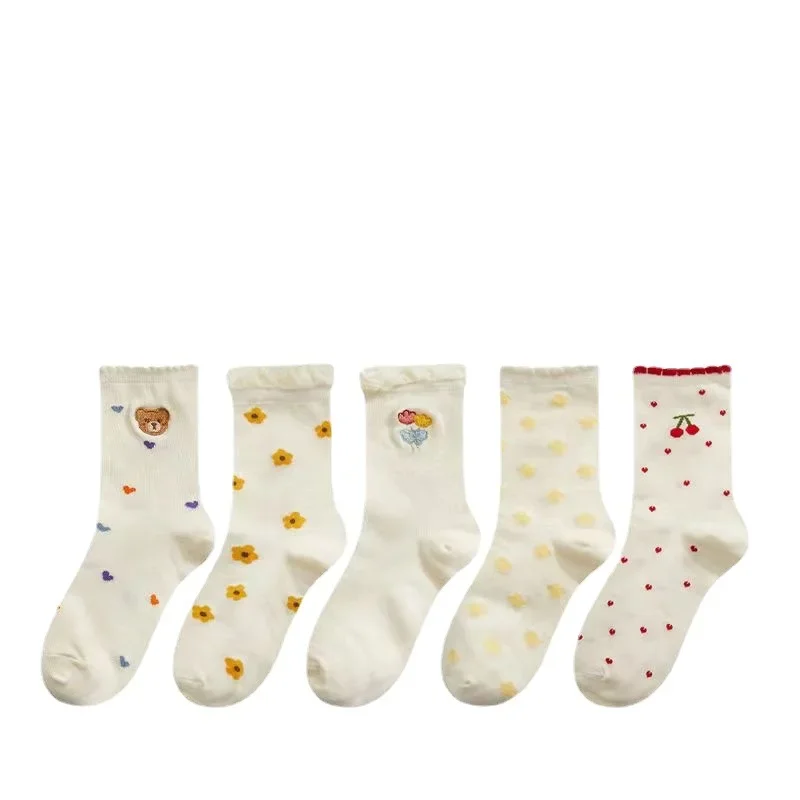 Set de Chaussettes Kawaii en Coton - Ourson et Fleur Jaune avec Dentelle – Image 3