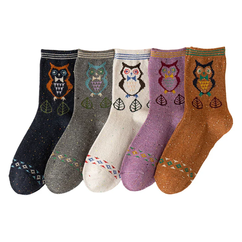 5 Pairs Women Wool Socks Animal Cat Owl Pattern Winter Crew Socks Soft Thick Warm Casual Wool Socks Mid Calf – Image 8