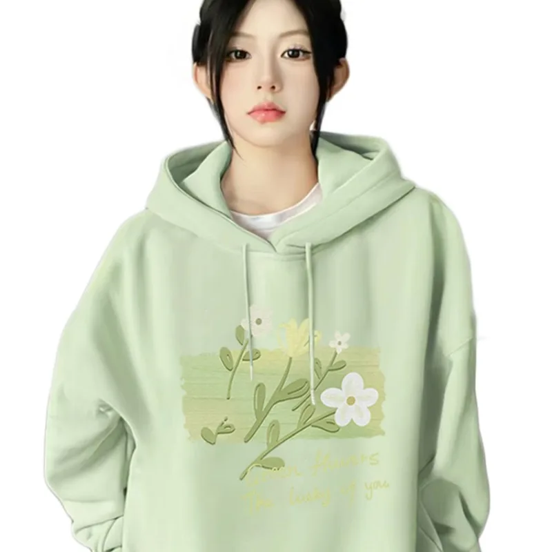 DAYIFUN Women's Korean Hoodie with Pocket Autumn Light Green Flower Printing Sweatshirts Solid Color Loose Casual Oversized Tops – Image 7