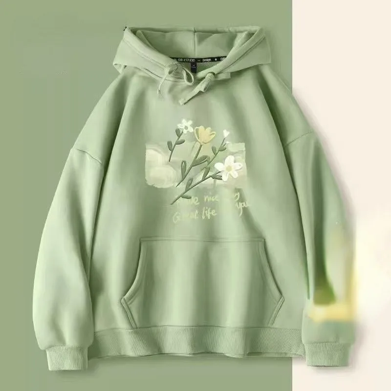 DAYIFUN Women's Korean Hoodie with Pocket Autumn Light Green Flower Printing Sweatshirts Solid Color Loose Casual Oversized Tops – Image 4
