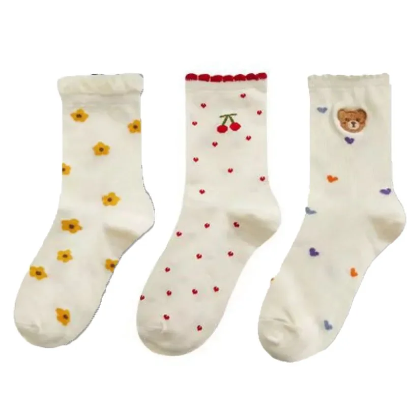 Set de Chaussettes Kawaii en Coton - Ourson et Fleur Jaune avec Dentelle – Image 9