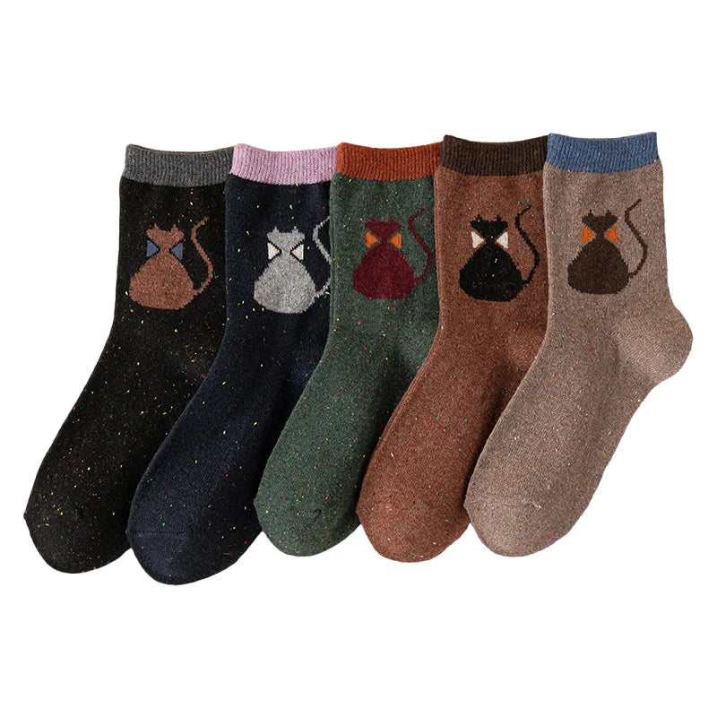 5 Pairs Women Wool Socks Animal Cat Owl Pattern Winter Crew Socks Soft Thick Warm Casual Wool Socks Mid Calf – Image 4