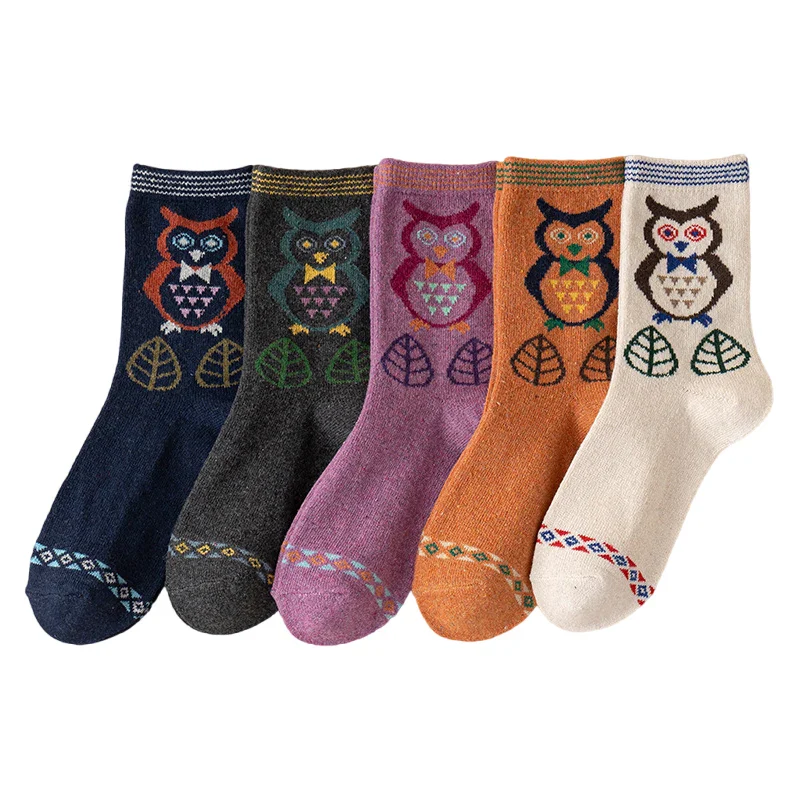5 Pairs Women Wool Socks Animal Cat Owl Pattern Winter Crew Socks Soft Thick Warm Casual Wool Socks Mid Calf – Image 7