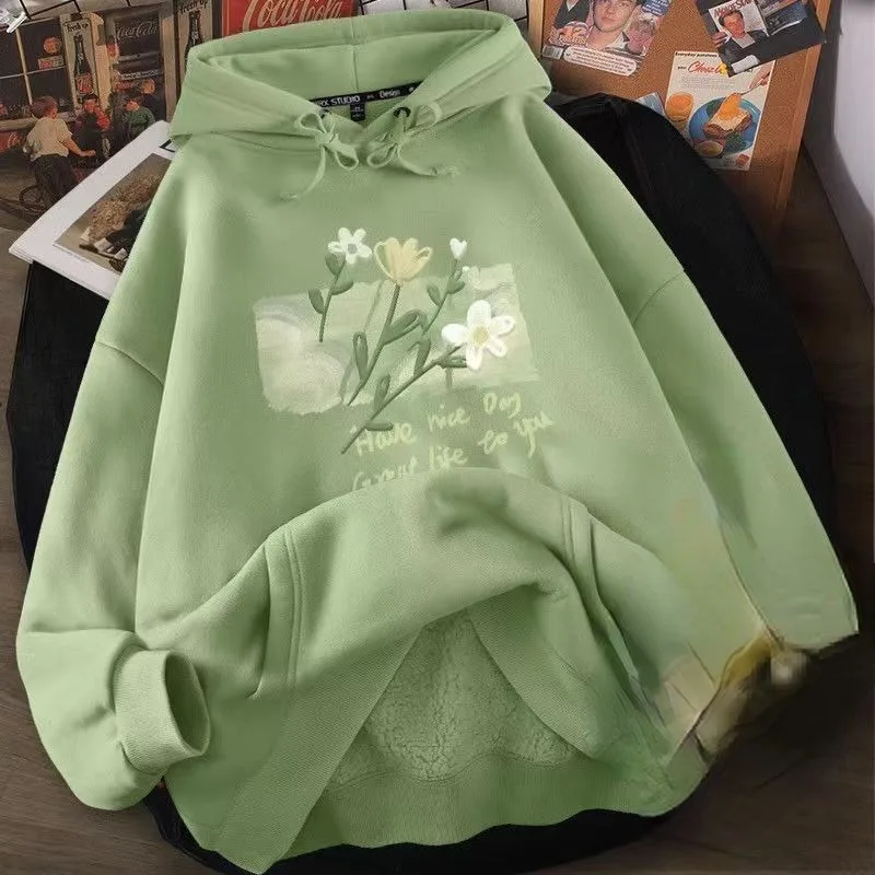 DAYIFUN Women's Korean Hoodie with Pocket Autumn Light Green Flower Printing Sweatshirts Solid Color Loose Casual Oversized Tops – Image 5
