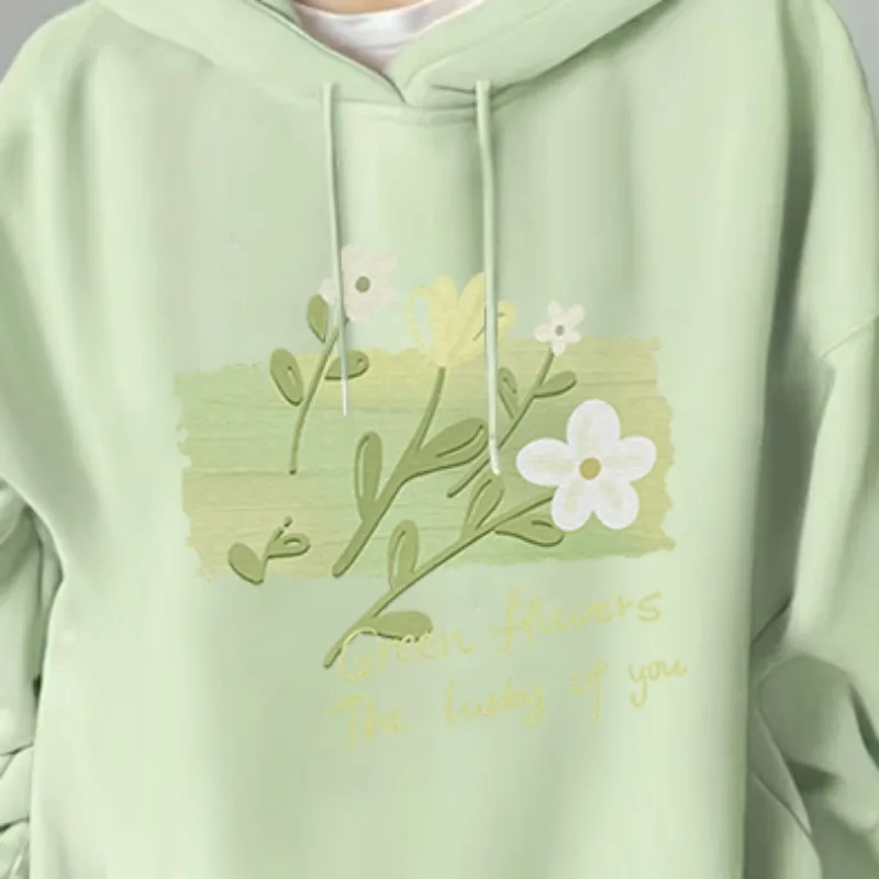 DAYIFUN Women's Korean Hoodie with Pocket Autumn Light Green Flower Printing Sweatshirts Solid Color Loose Casual Oversized Tops – Image 3