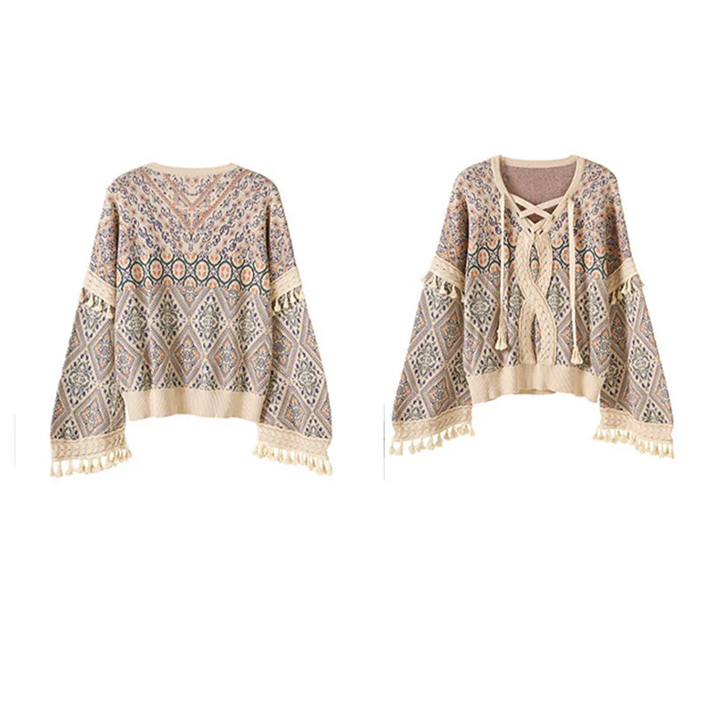 Pull Bohème à Épaules Tombantes - Jacquard Torsadé avec Pompons – Image 3