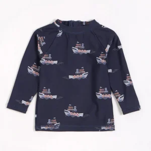 Haut à manches longues anti-UV bleu marin à imprimé bateaux